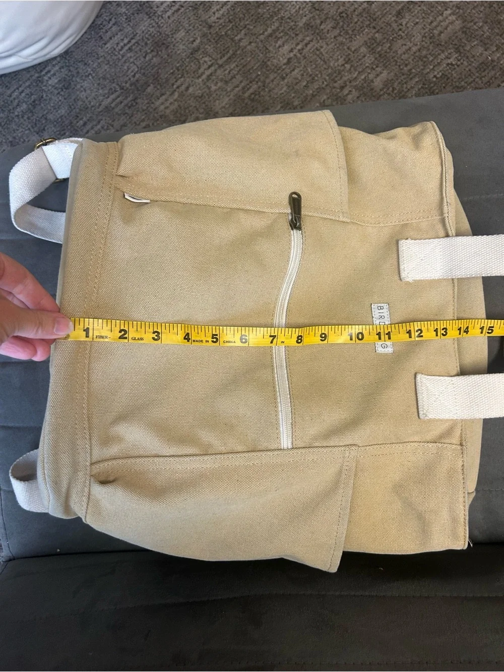 Birdling Tan Cream Laptop Backpack Tote Canvas 15” x 13” Pinstripe Interior - Picture 7 of 8